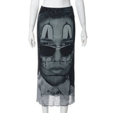 Peneran-Mesh Graphic Print Mall Gothic Midi Skirts 90s Grunge Streetwear Low Waist Skirt Y2k Women Aline Ruffle Fashion Bottom