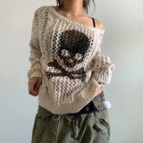 Peneran-E-Girl y2k Gothic Harajuku Retro Skull Print Crochet Hollow Out Smock Tops Pullover Knitwear Women Grunge Clothing Streetwear