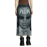 Peneran-Mesh Graphic Print Mall Gothic Midi Skirts 90s Grunge Streetwear Low Waist Skirt Y2k Women Aline Ruffle Fashion Bottom