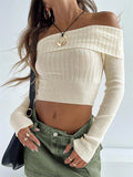 Peneran-Women Knit Y2K Crop Tops Solid Color Boat Neck Off Shoulder Long Sleeve Sweater Spring Fall Casual Slim Fit T-Shirts Streetwear