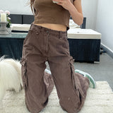 90s Vintage Brown Cargo Pants Pockets Women Autumn High Waist Jeans Y2K Long Trousers Korean Style Hip Hop Harajuku Streetwear