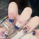 Fall nails Christmas nails 24Pcs/Set Short Square Fake Nails Blue White Butterfly Pearl Nail Arts Manicure False Nails With Design