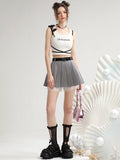 Peneran-Set-Up Casual Ribbon Pleats Lace-Pants Short-Tops＆Mini-Skirt