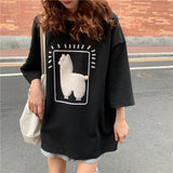Peneran Cartoon Alpaca Animal Printed Casual Loose M-XL Size Korean Style 2023 Summer Short Sleeve Women Top Female T-Shirts