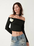 Peneran- Vintage Off-Shoulder Long Sleeve T-Shirts Fashion Flower Decor Slash Neck Cropped Pullover Tops Women's Casual Shirts