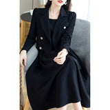 Peneran 2023 Autumn Korea Elegant Women Black Office Hepburn Suit Dress Casual Lapel Blazer Coat Classic High Waist Strap Pleated Dress