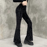 Peneran-Gothic Flare Pants Women Autumn Black Streetwear Velvet Fashion Harajuku Bodycon Trousers Casual Punk High Waist Pants Female