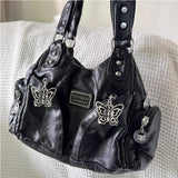 Peneran Y2k Black Womens Shoulder Bag Gothic Original Advanced Fashion Tote Bag Large Capacity Leather Motorcycle Vintage Handbag