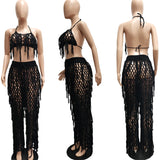 Peneran Hollow Out Hand Crochet Tassel 2 Piece Sets Women Sexy Summer Beach Suits Lace Up Bra Top Straight Pants Holiday Knitted Outfits