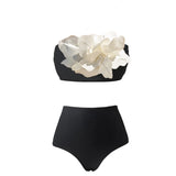 Peneran-Solid Color Design 3d Floral Bikinis Bandeau Women 3 Piece Swimsuit Black Luxury Split Swimwear and Skirt Bathing Suit Beachwear