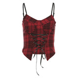 Peneran-Street Fashion Tanks & Camis Red Plaid Print Lace Up V Neck Backless Crop Tops Sexy Summer Clothes Women 2024