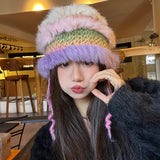 Peneran-Korean Contrasting Rabbit Hair Knitted Beanie Hat Women's Winter Warm Plush Fashion Versatile Face Small Lace-up Bucket Hats