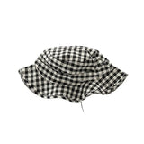 Peneran-Japanese Retro Black and White Plaid Bucket Hat Women's Spring Summer Thin Holiday Leisure Windproof Lace-up Foldable Sun Hats