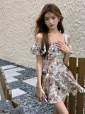 Peneran-Women's Sexy Off Shoulder Ruffless Floral Mini Dress Lady Summer Holiday Streetwear Slim A Line Short Dress