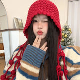 Peneran-Japanese Handmade Fashion Ball Fringed Thickened Warm Knitted Hat Women Autumn Winter Ear Protection Straps Sweet Bomber Hats