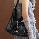 Peneran Pure Black Womens Shoulder Bag Chains Y2k Gothic Fashion Large Capacity Tote Bag Pu Leather Casual Advanced Ladies Handbag