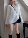 Peneran 2023 Winter V-Neck Elegant Sweater Women Casual Outwear Faux Fur Knitted Pullover Office Lady Y2k Clothing Korean Fashion Chic