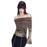 Peneran- Aesthetic Print Off Shoulder T-shirts Fairy Grunge Retro Y2k Patchwork Crop Tops Gothic Vintage Mesh Clothe