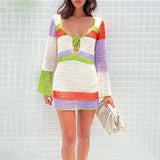 Peneran- Women Knitted Sundress Vintage Crochet Hollow Out V Neck Bandage Full Sleeve Mini Dress Y2K Aesthetics Clothes