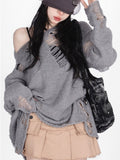 Peneran Gothic Streetwear Gray Oversized Sweater Women Harajuku Vintage Knitted Jumper Hollow Out Long Sleeve Tops Y2K Clothes