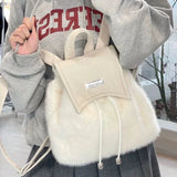Peneran Sweet Cute Soft Plush Shoulder Bag White Harajuku Style Drawstring Backpack New Large Capacity Elegant Literary Handbag