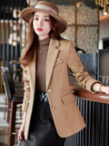 Peneran Woman Fashion Casual Vintage Solid Color Chic Elegant Classic Single Breasted Temperament Simple Woolen Blazer Tops Coat Korean