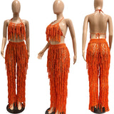 Peneran Hollow Out Hand Crochet Tassel 2 Piece Sets Women Sexy Summer Beach Suits Lace Up Bra Top Straight Pants Holiday Knitted Outfits