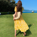 Peneran Summer Bohemian Yellow Women's Senior Sense Chiffon V-neck High Waist Thin Temperament Elegant Fashion Seaside Resort Long Dress