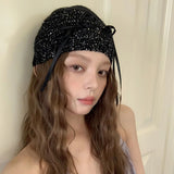 Peneran-Korean Sequined Bow Knitted Hat Women's Spring and Summer Women's Street Fashion Sweet Personality Elastic Skull Beanie Hats