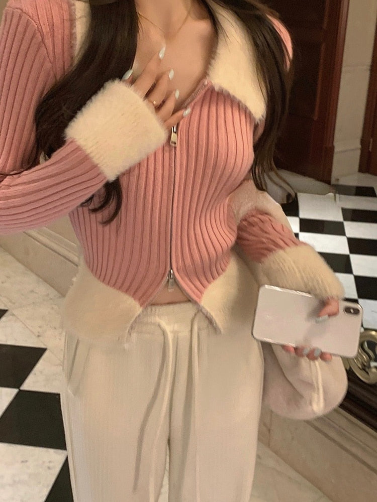 Peneran Faux Fur Knitted Sweater Women Design Slim Elegant Zipper Pullover Office Lady Casual Y2k Crop Tops Korean Fashion 2023 Winter