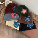 Peneran-New Sweet and Cool Five-pointed Star Patch Knitted Hat Men Women Warm Street Trend Skull Hat Autumn Winter Hip-hop Beanie Bonnet