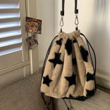 Peneran Y2k Women Shoulder Bag Star Print Brown Soft Plush Large Capacity Handbag High Quality Gothic Casual Cute Fashion Backpack
