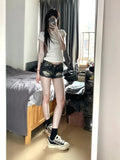 Peneran-Woman Harajuku Fashion Jean Shorts Ripped Denim Shorts Sexy Gyaru Low Rise Baddie Hot Pants Y2k Japanese Kpop Grunge 2000s Gyaru