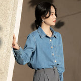 Peneran-Women's Chic Long Sleeve Single Breasted Pocket Basic Denim Shirt Lady Spring Autumn Solid Color Loose Shirt