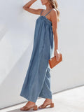 Peneran-Women Casual Blue Denim One Pieces Jumpsuit Summer Loose Wide Leg Pants Bib Overalls Fashion Pocket Sleeveless Strap Overalls