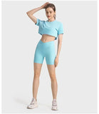 Peneran LUlogo  Yoga Sport Shirts Ribbed Fabric Outdoor Jogging T-Shirts Sportswear Women'S Gym Clothing Short Sleeve Top Women Clothing