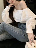 Peneran Korean Fashion White Shirts Women Spring Long Sleeve Slash Neck Casual Blouses Elegant Off Shoulder Ruffles Ladies Tops Blusas