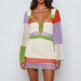 Peneran- Women Knitted Sundress Vintage Crochet Hollow Out V Neck Bandage Full Sleeve Mini Dress Y2K Aesthetics Clothes