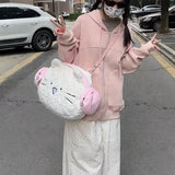 Peneran Kawaii Cute Backpack for Women White Pink Cat Head Shape Fashion Crossbody Bag New Soft Plush Sweet Large Capacity Handbag