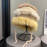 Peneran-Korean Contrasting Rabbit Hair Knitted Beanie Hat Women's Winter Warm Plush Fashion Versatile Face Small Lace-up Bucket Hats