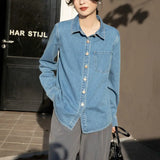 Peneran-Women's Chic Long Sleeve Single Breasted Pocket Basic Denim Shirt Lady Spring Autumn Solid Color Loose Shirt