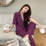 Peneran Summer Casual Women's Short-sleeved Blazer & Wide Leg Pants Women's Office Women's Suit Korean Version 2 Piece Sets Women Outfit
