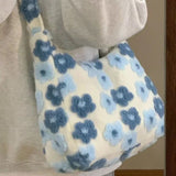 Peneran Kawaii Large Capacity Plush Crossbody Bag Blue Flowers Soft Fashion Shoulder Bag Casual Youthful Cute Fall Winter Handbag