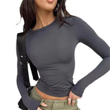 Peneran-Spring Autumn Slim Round Neck Top for Women Solid Long Sleeve T-shirt Fitting Breast Showing Elastic Base Shirt