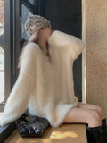 Peneran 2023 Winter V-Neck Elegant Sweater Women Casual Outwear Faux Fur Knitted Pullover Office Lady Y2k Clothing Korean Fashion Chic