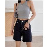 Peneran-Women's Straight Shorts Jeans Black Hot Pants High Waist Y2K America Street Summer Vintage Blue Plus Size Denim Wide Leg Shorts