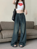 Peneran-Washed Vintage Jeans with Straight Leg Pants for Women's 2024 Summer New Long Pants High Waisted Dark Wide Leg Pants