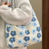 Peneran Kawaii Large Capacity Plush Crossbody Bag Blue Flowers Soft Fashion Shoulder Bag Casual Youthful Cute Fall Winter Handbag