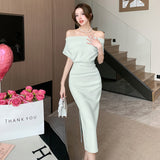 Peneran French Temperament Celebrity Wind Sexy Strapless Oblique Collar Dress Female Spring and Summer Slim Open Package Hip Long Dress