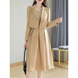Peneran 2023 Autumn Korea Elegant Women Black Office Hepburn Suit Dress Casual Lapel Blazer Coat Classic High Waist Strap Pleated Dress